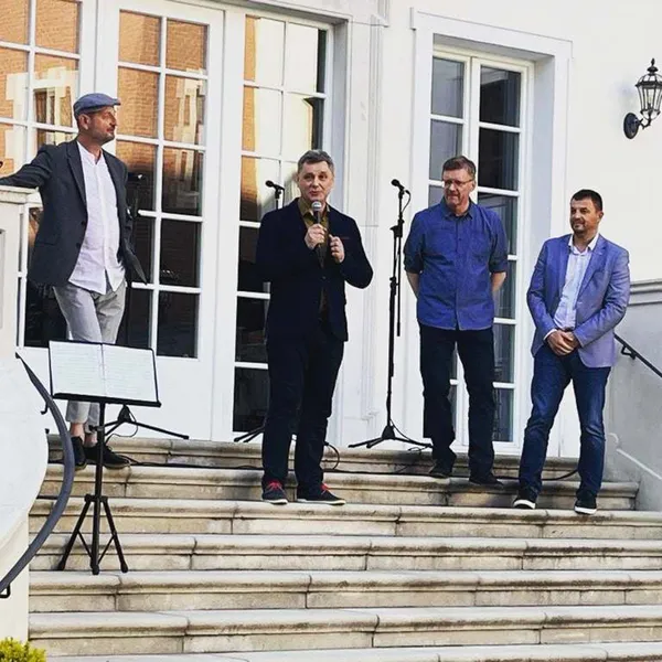 Opening of the Exhibition 'Augustínovci na zámku', Šimák zákok Pezinok, from left: Andrej Augustín, Martin Augustín, Ľudovít Petránsky, Štefan Šimák