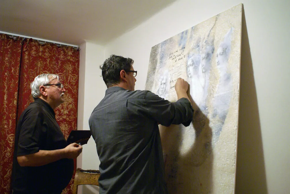 In the studio on Novohradská Street with the poet Kamil Peteraj while working on a new painting, XXX 2013